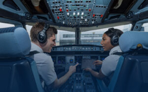 طيارون متدربون داخل قمرة القيادة يراجعون خطة الرحلة في أكاديمية جولف للطيران - Golf Aviation Academy.